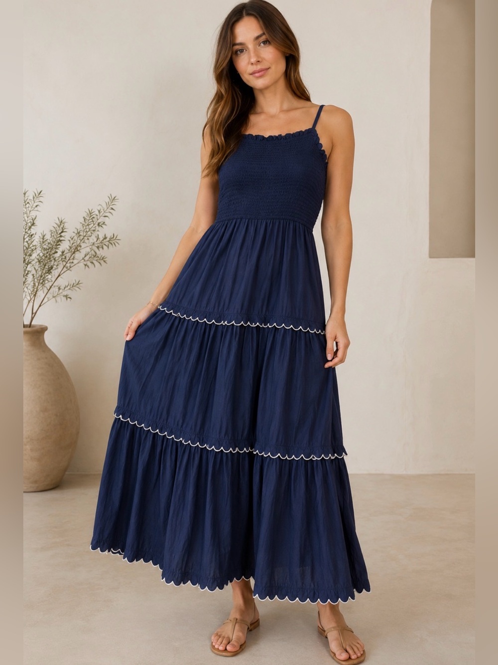 Ann Taylor Navy Smocked Tiered Maxi Dress Scallop Trim Square Neck M